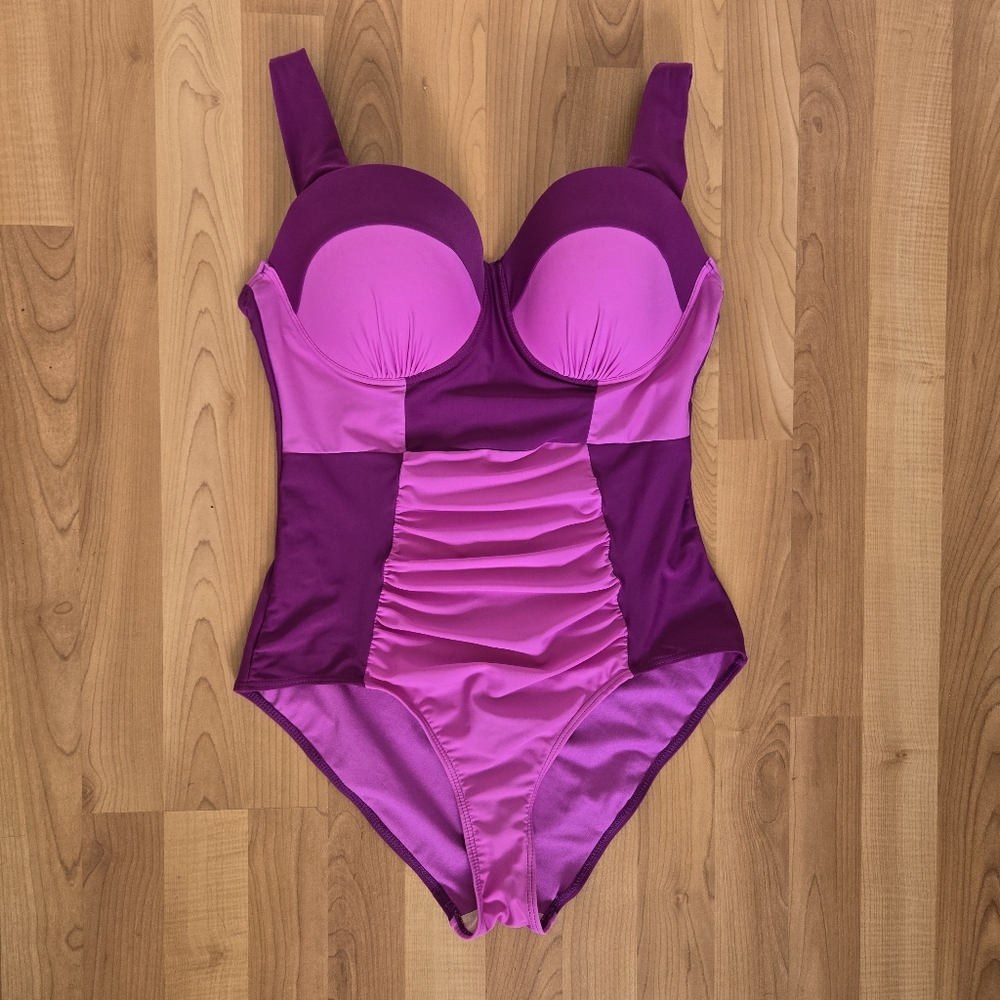 Adore Me Magenta Purple Ruched Underwire One Piece Swimsuit Sze XL Retro Pinup